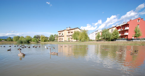 Il grande parco con laghetto adiacente il complesso commerciale dove ha sede l'agenzia immobiliare Athena